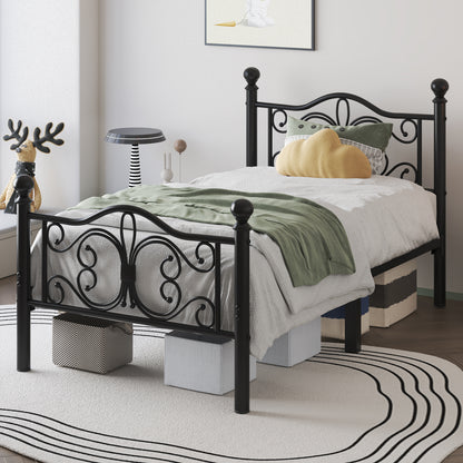 E-motie Metal Platform Bed Frame with Butterfly Pattern Vintage Headboard & Footboard, Underbed Storage