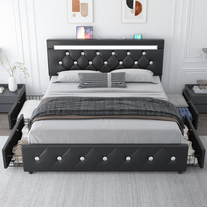 E-motie Bed Frame with Storage Drawers and Led Headboard, Platform Bed Frame Charging Station