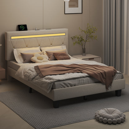 E-motie LED Bed with Charging Station, Platform Bed Frame with Upholstered Button Headboard