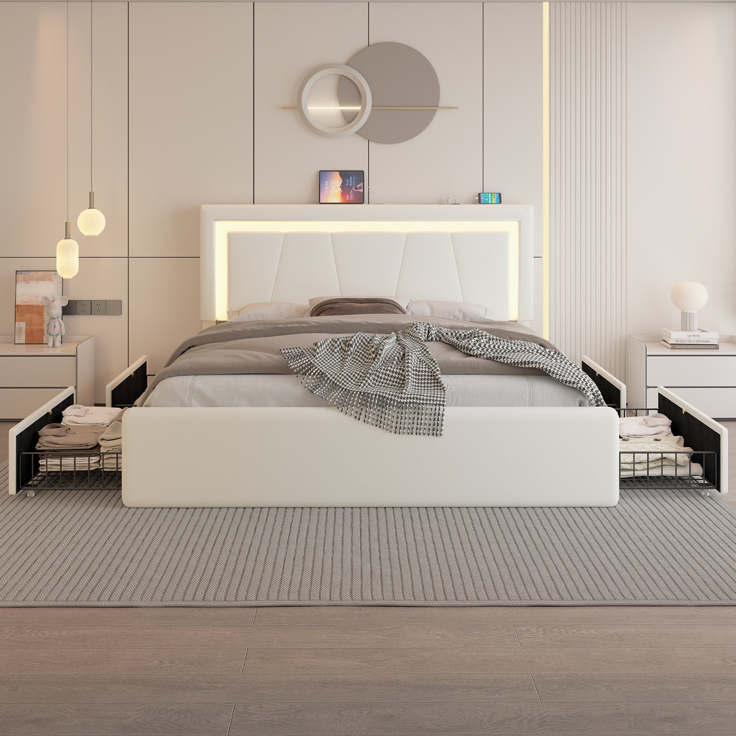 Upholstered Bed Frame with Adjustable Headboard, Upholstered Platform LED Lights Bed Frame with Charging Station