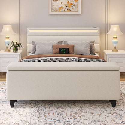 E-motie Upholstered LED Bed Frame with Storage Ottoman and Charging Ports