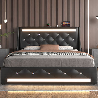 E-motie Upholstered LED Bed Frame, Wingback Crystal Button Tufted, LED&Charging Station