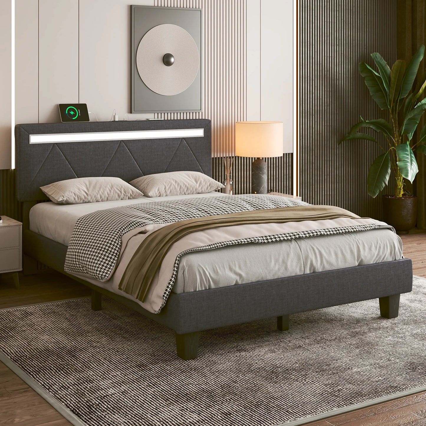 E-motie Bed Frame with Upholstered Headboard, Platform Bed with LED Lights Charging Station