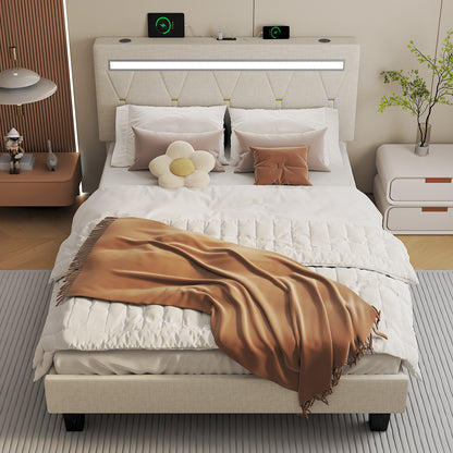 E-motie Upholstered Bed Frame with Adjustable Headboard, LED Platform Bed with Bluetooth Speakers,Charging Station