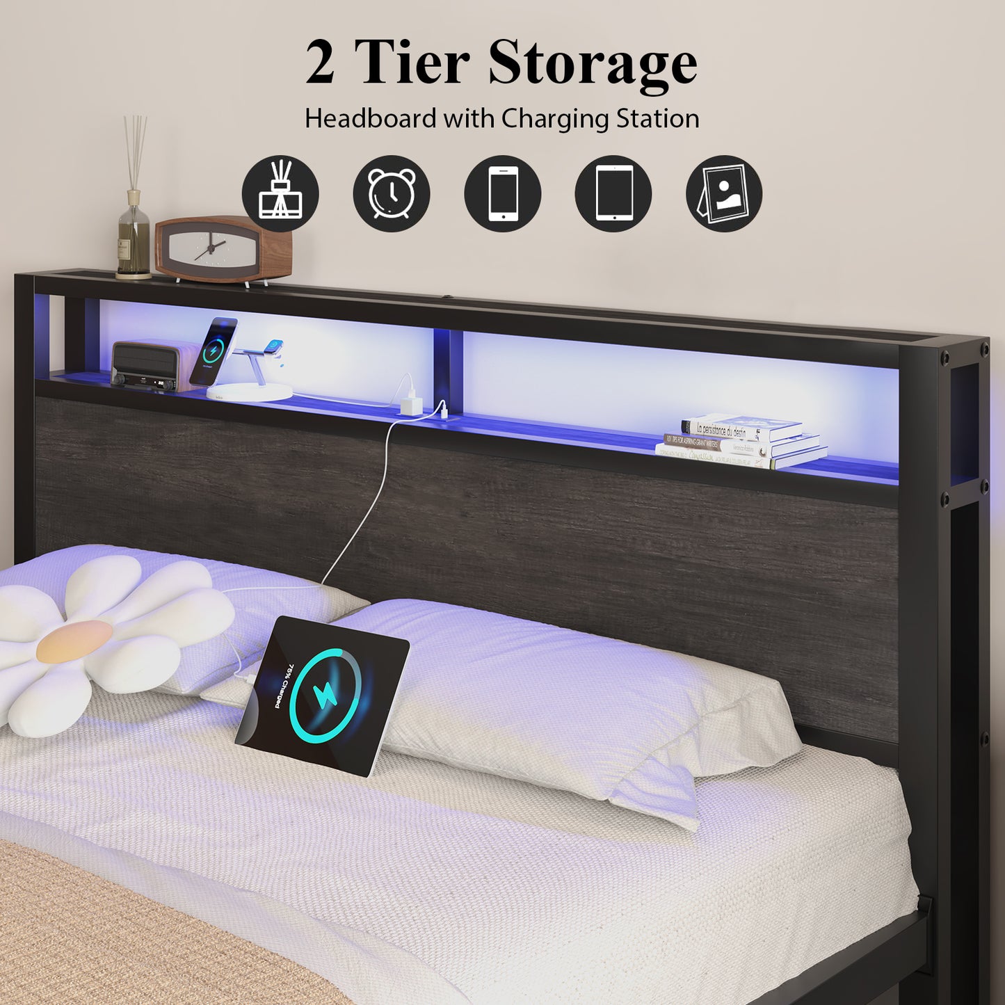 E-motie Bed Frame with LED Headboard, Metal Platform Bed Frame with Charging Station