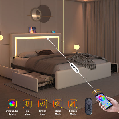 Upholstered Bed Frame with Adjustable Headboard, Upholstered Platform LED Lights Bed Frame with Charging Station