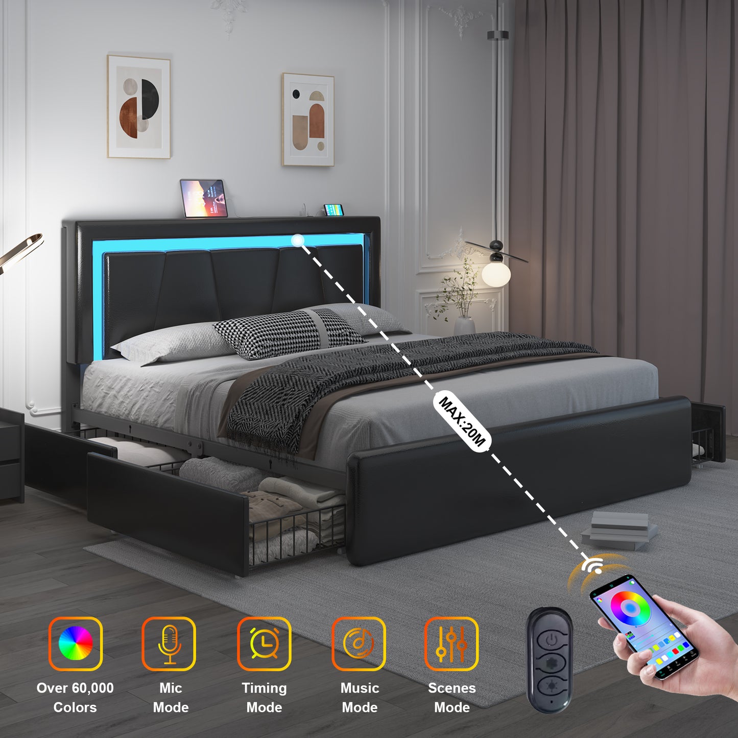 Upholstered Bed Frame with Adjustable Headboard, Upholstered Platform LED Lights Bed Frame with Charging Station