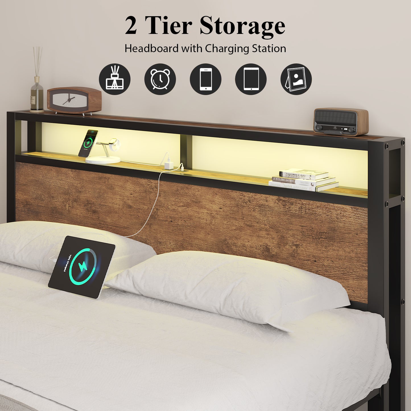 E-motie Bed Frame with LED Headboard, Metal Platform Bed Frame with Charging Station