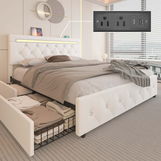 E-motie Bed Frame with Storage Drawers and Led Headboard, Platform Bed Frame Charging Station