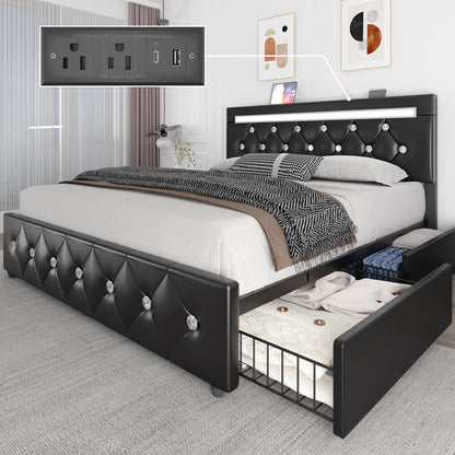 E-motie Bed Frame with Storage Drawers and Led Headboard, Platform Bed Frame Charging Station