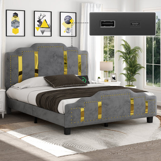 Velvet Upholstered Bed frame, Golden Metal Riveted and Sequined Headboard