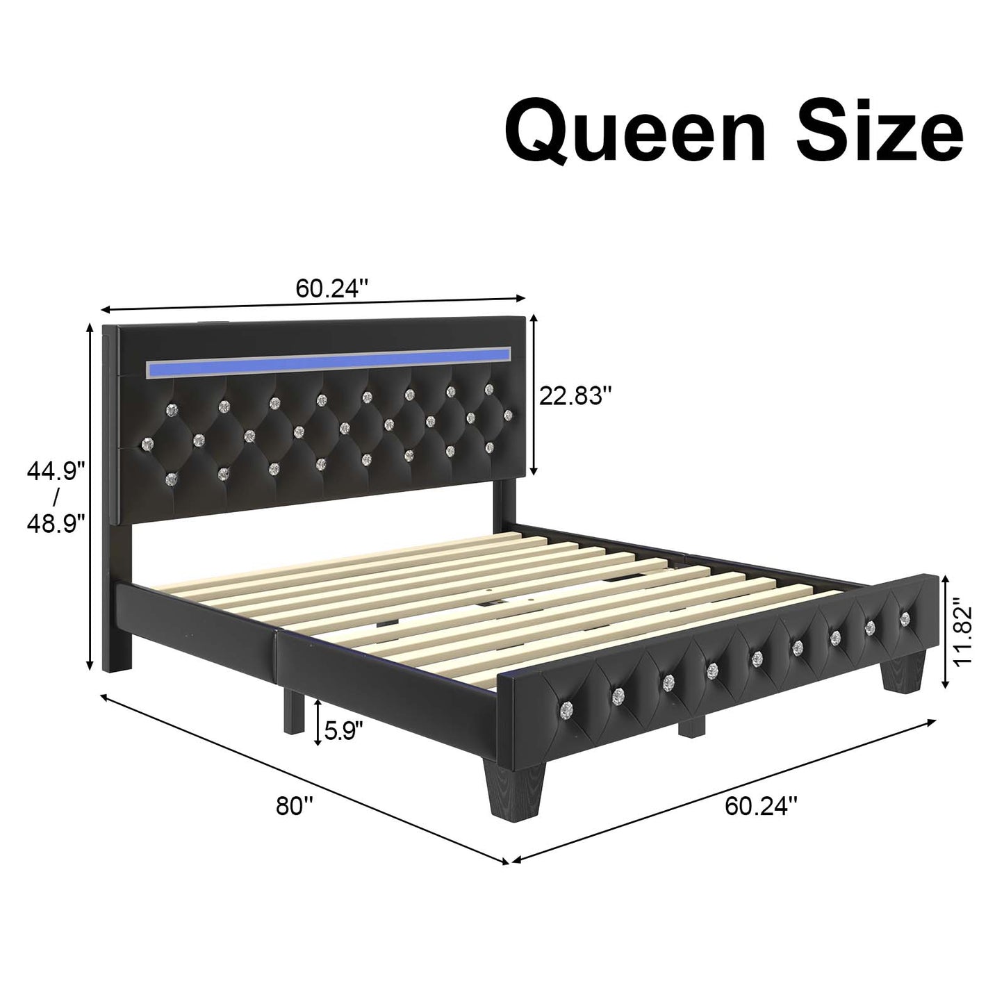 Bed Frame with Adjustable Headboard, Faux Leather Upholstered Platform Bed Frame with LED&Charging Station, Wood Slats Support