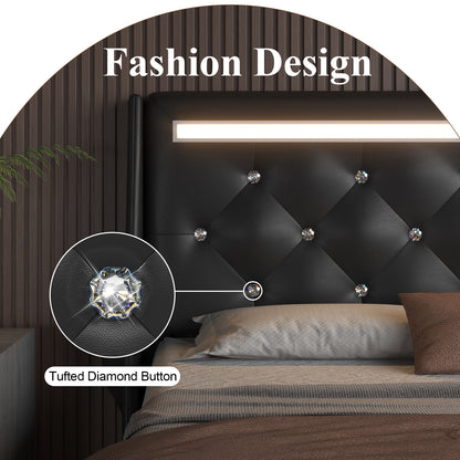 E-motie Upholstered LED Bed Frame, Wingback Crystal Button Tufted, LED&Charging Station