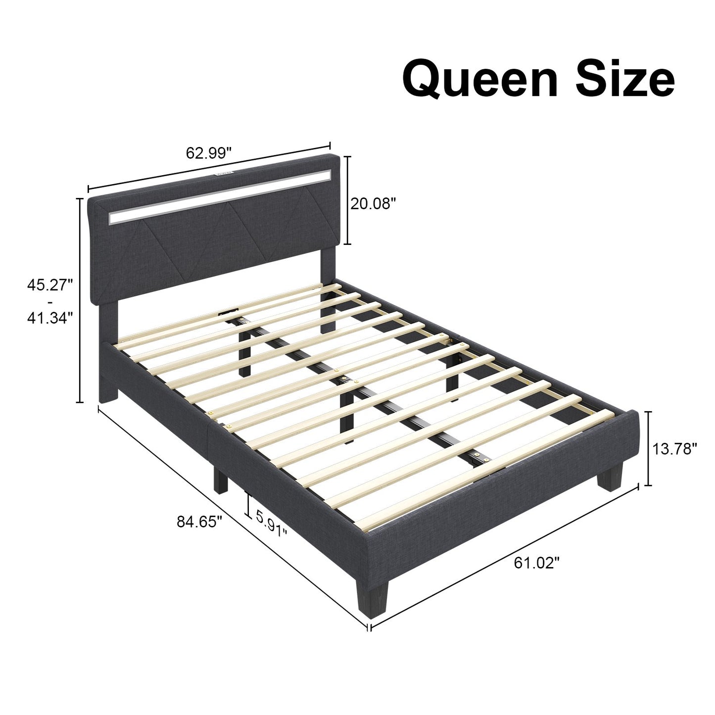 E-motie Bed Frame with Upholstered Headboard, Platform Bed with LED Lights Charging Station