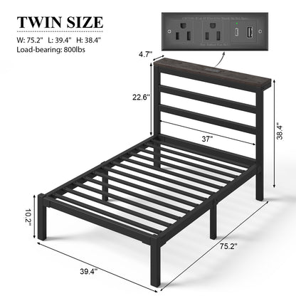 E-motie Metal Platform Bed Frame with Headboard, Under-Bed Storage