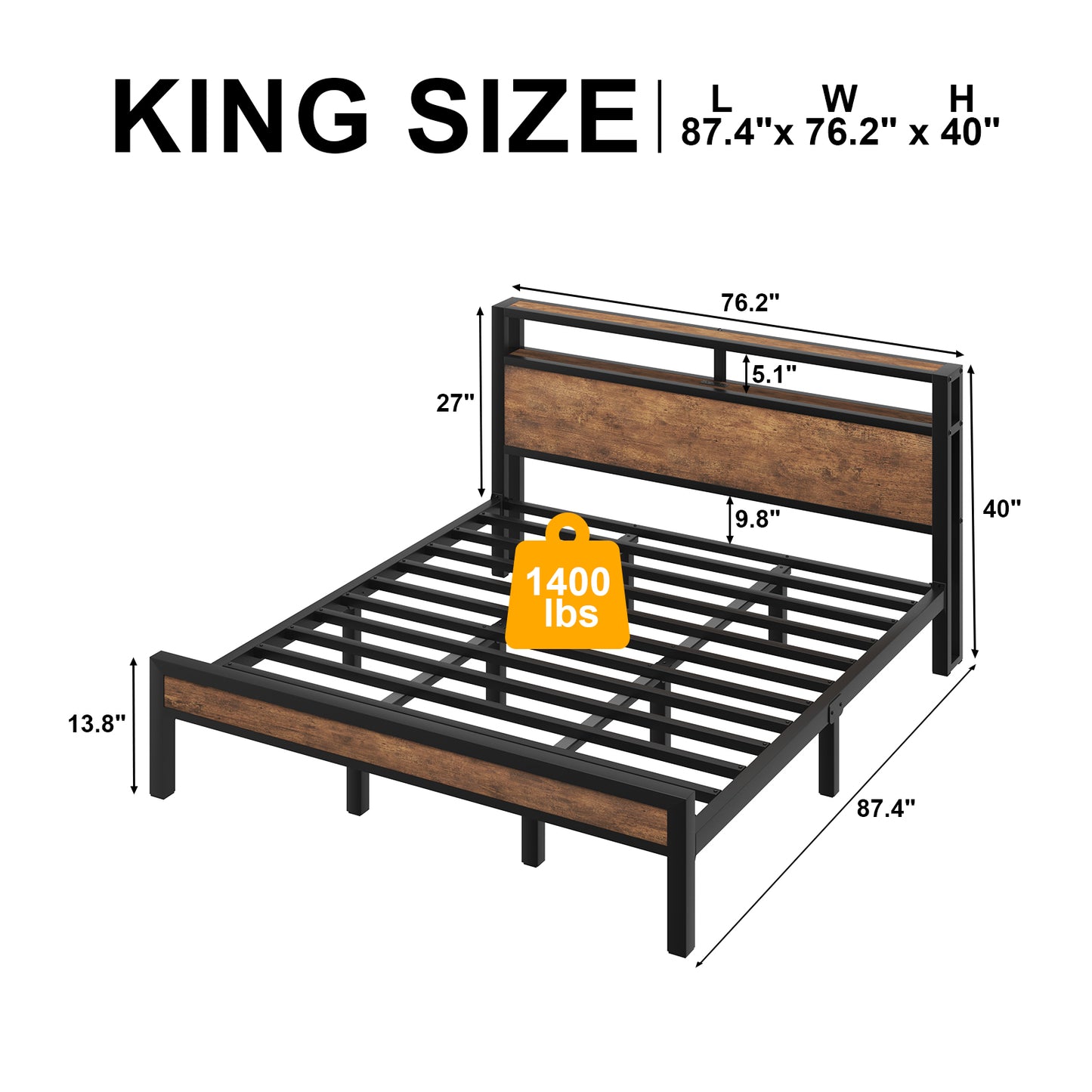 E-motie Bed Frame with LED Headboard, Metal Platform Bed Frame with Charging Station