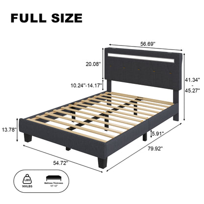 E-motie Upholstered Bed Frame with Adjustable Headboard, LED Platform Bed with Bluetooth Speakers,Charging Station
