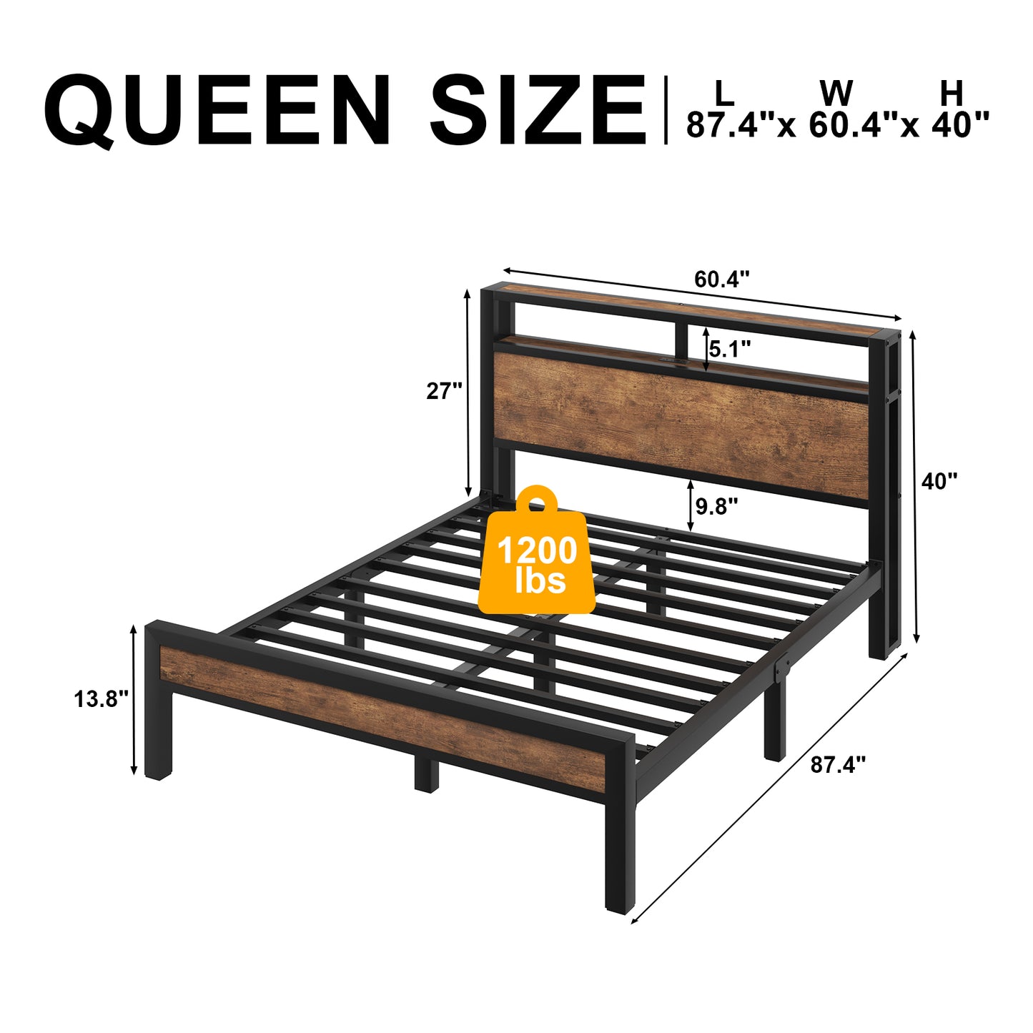 E-motie Bed Frame with LED Headboard, Metal Platform Bed Frame with Charging Station