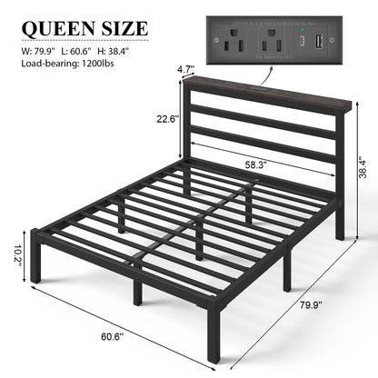 E-motie Metal Platform Bed Frame with Headboard, Under-Bed Storage