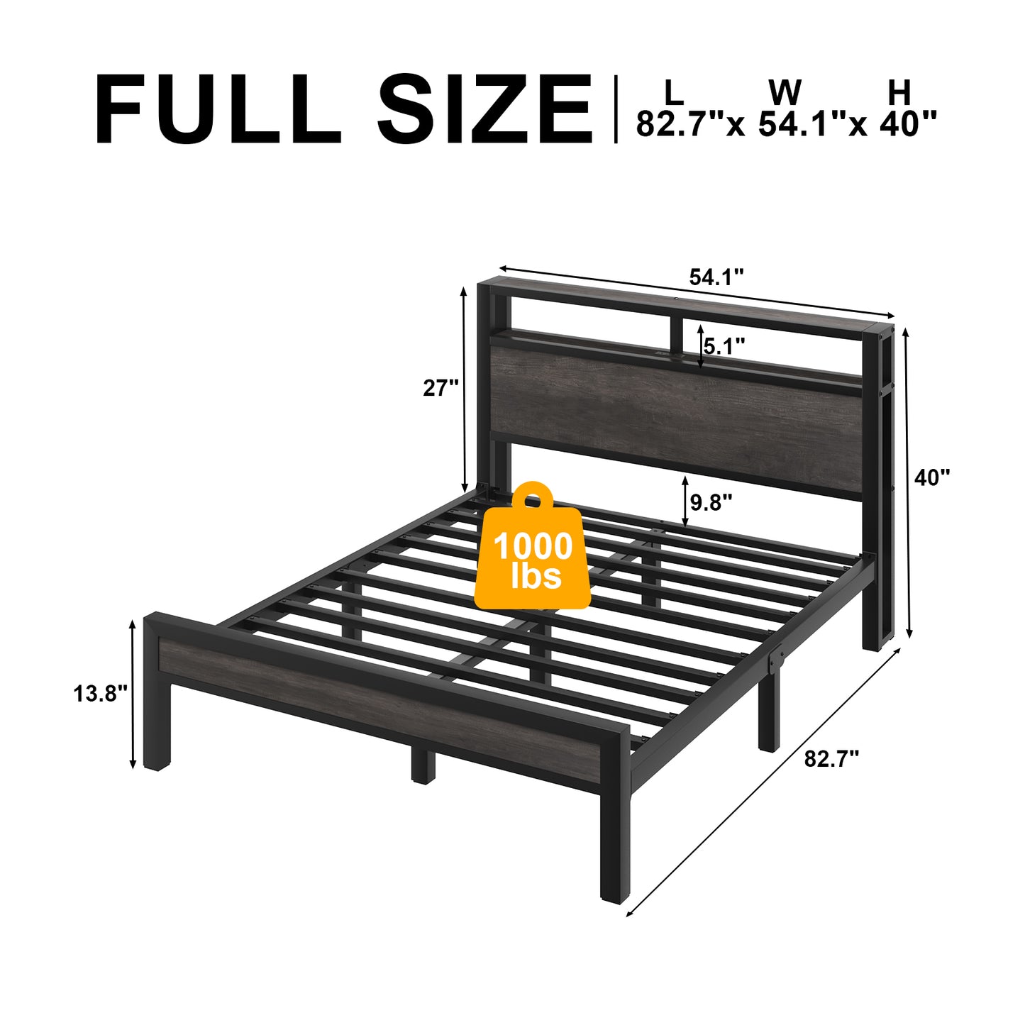 E-motie Bed Frame with LED Headboard, Metal Platform Bed Frame with Charging Station