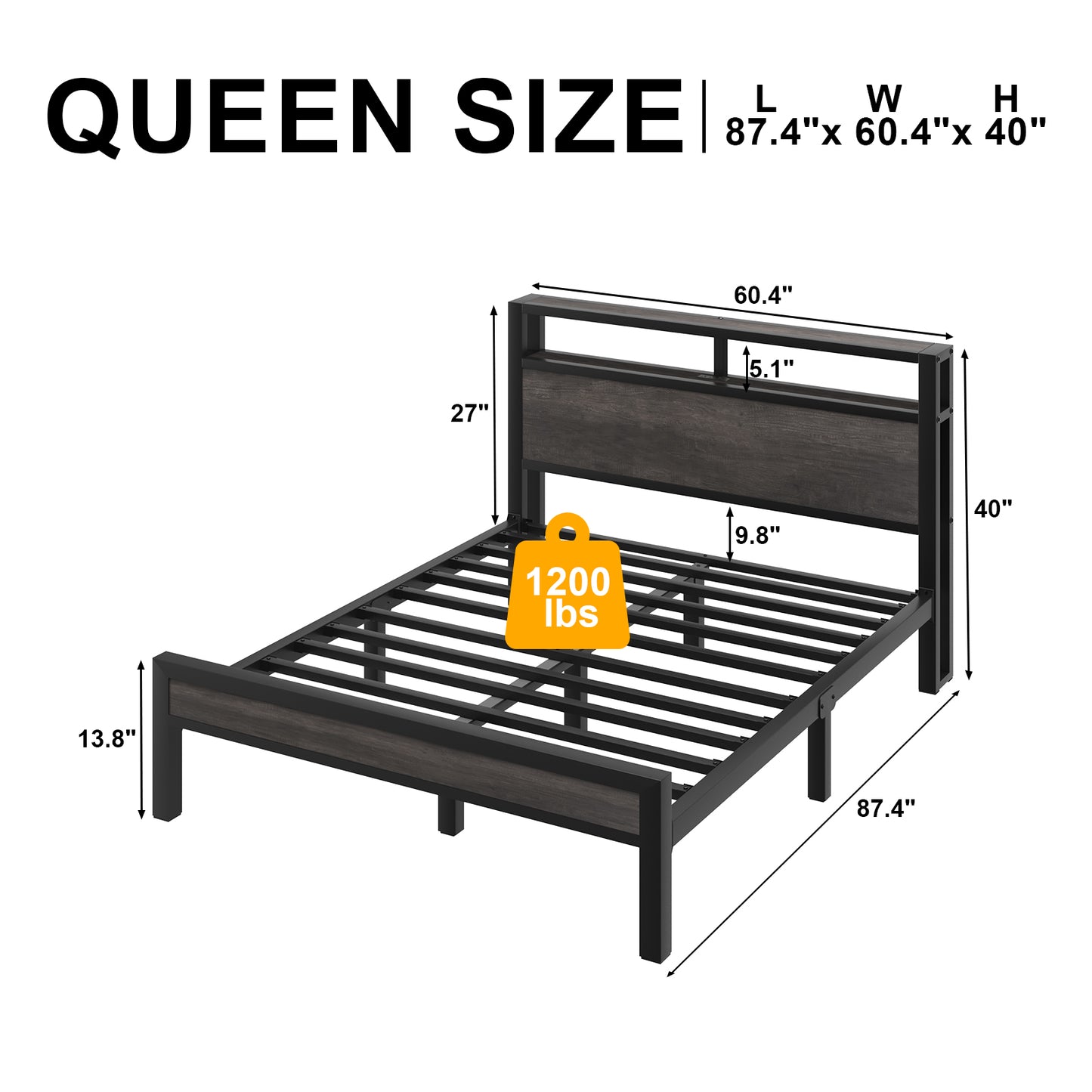 E-motie Bed Frame with LED Headboard, Metal Platform Bed Frame with Charging Station