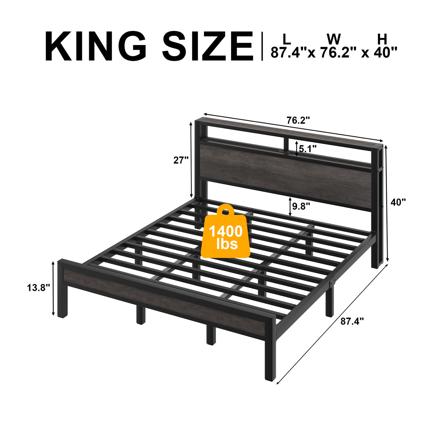 E-motie Bed Frame with LED Headboard, Metal Platform Bed Frame with Charging Station