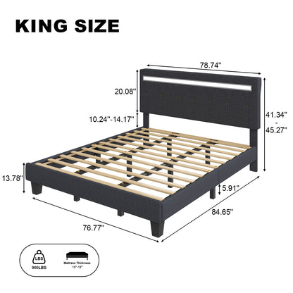 E-motie LED Bed with Charging Station, Platform Bed Frame with Upholstered Button Headboard