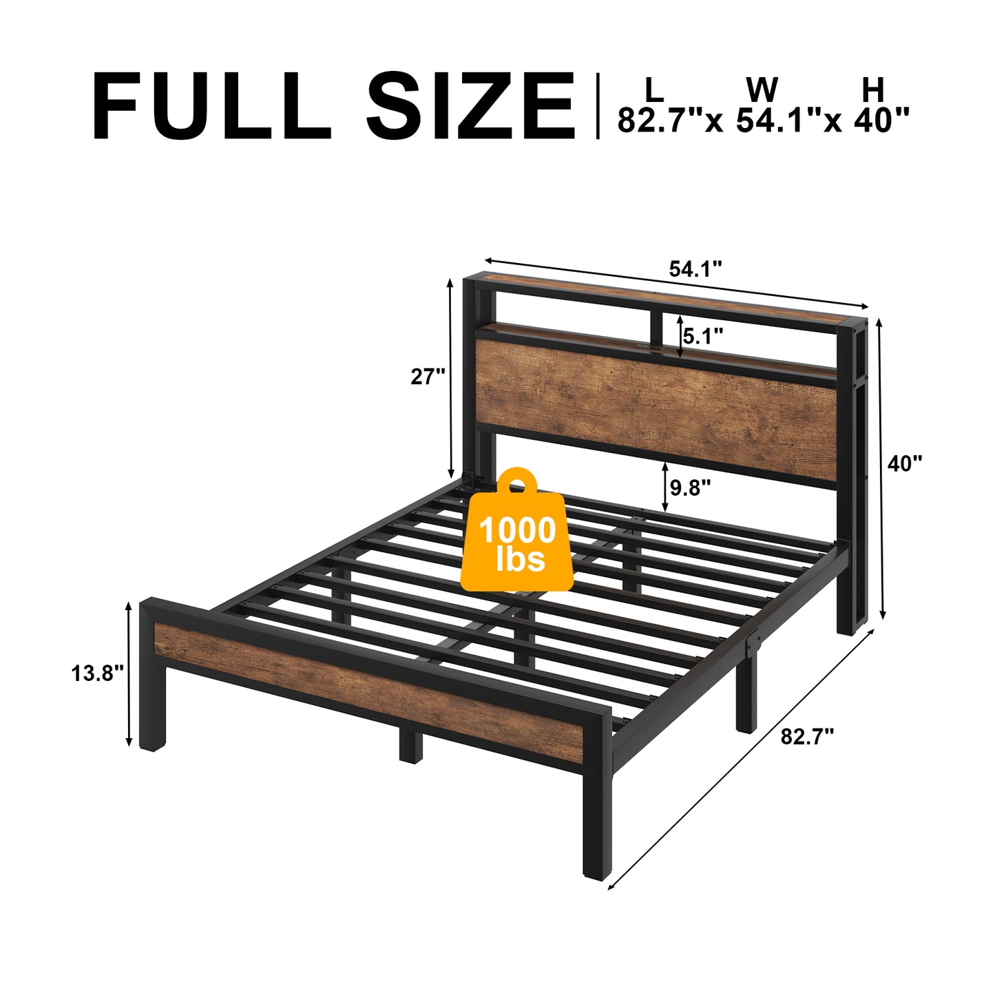 E-motie Bed Frame with LED Headboard, Metal Platform Bed Frame with Charging Station