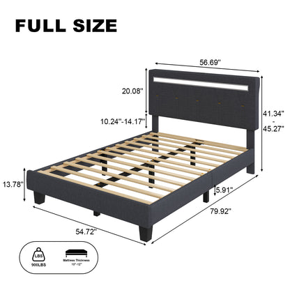 E-motie LED Bed with Charging Station, Platform Bed Frame with Upholstered Button Headboard