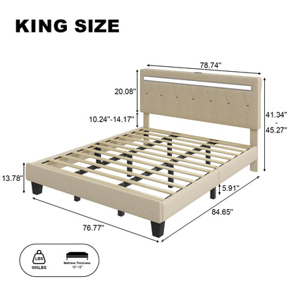 E-motie LED Bed with Charging Station, Platform Bed Frame with Upholstered Button Headboard