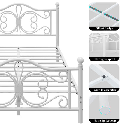 E-motie Metal Platform Bed Frame with Butterfly Pattern Vintage Headboard & Footboard, Underbed Storage