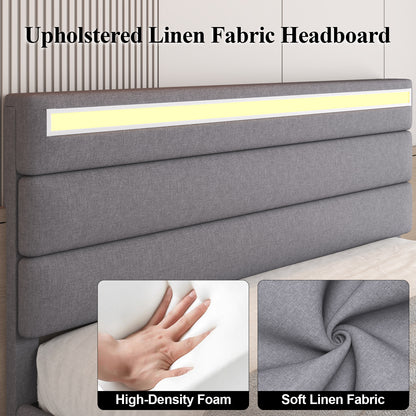 E-motie Upholstered LED Bed Frame with Storage Ottoman and Charging Ports