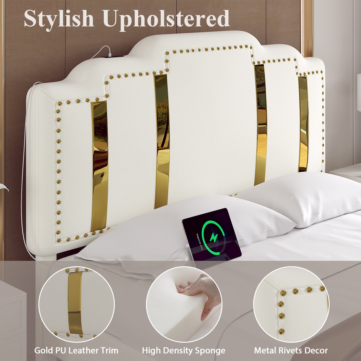 Velvet Upholstered Bed frame, Golden Metal Riveted and Sequined Headboard