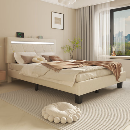 E-motie LED Bed with Charging Station, Platform Bed Frame with Upholstered Button Headboard