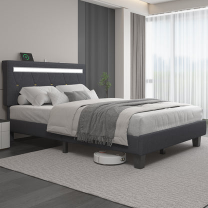 E-motie Upholstered Bed Frame with Adjustable Headboard, LED Platform Bed with Bluetooth Speakers,Charging Station