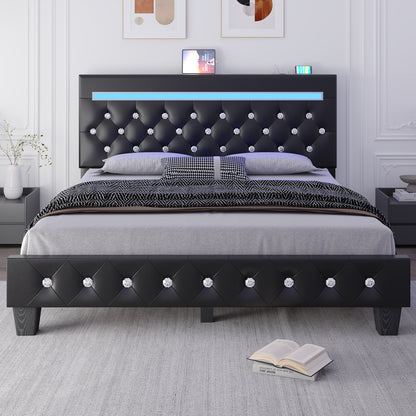 Bed Frame with Adjustable Headboard, Faux Leather Upholstered Platform Bed Frame with LED&Charging Station, Wood Slats Support