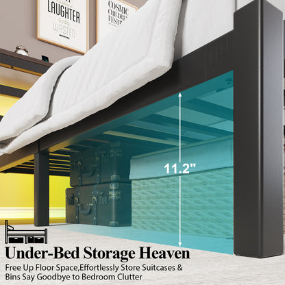 E-motie Metal Platform Bed Frame with Headboard, Under-Bed Storage