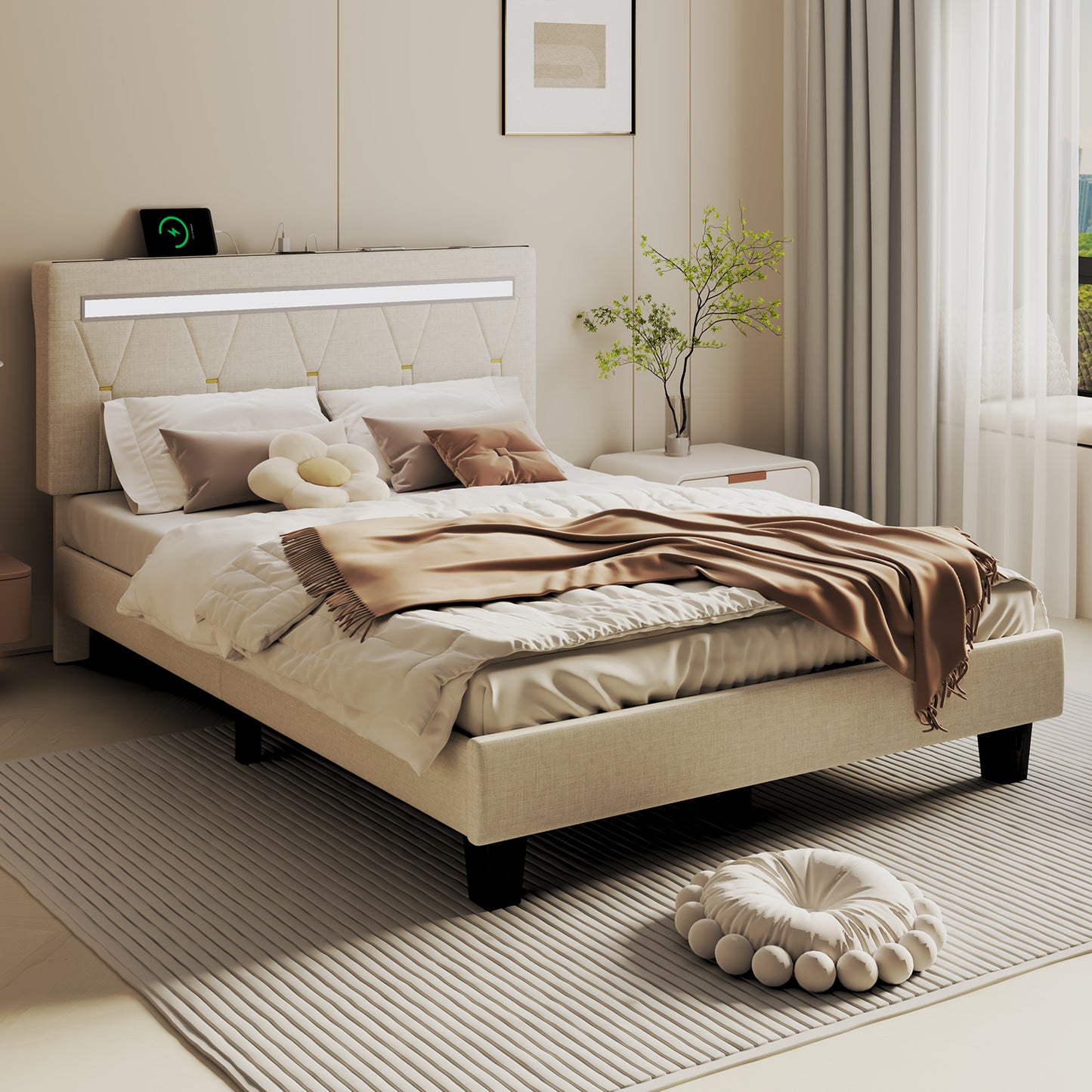 E-motie Upholstered Bed Frame with Adjustable Headboard, LED Platform Bed with Bluetooth Speakers,Charging Station