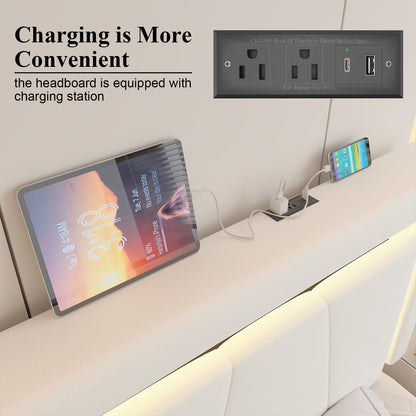 Upholstered Bed Frame with Adjustable Headboard, Upholstered Platform LED Lights Bed Frame with Charging Station