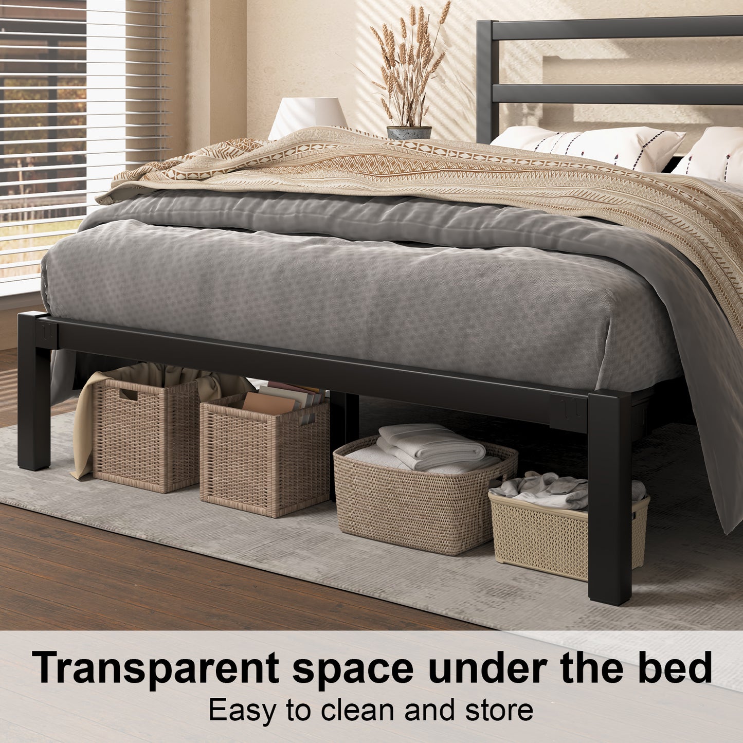 E-motie Metal Platform Bed Frame with Headboard, Under-Bed Storage