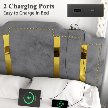 Velvet Upholstered Bed frame, Golden Metal Riveted and Sequined Headboard
