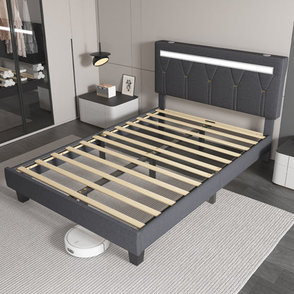 E-motie LED Bed with Charging Station, Platform Bed Frame with Upholstered Button Headboard