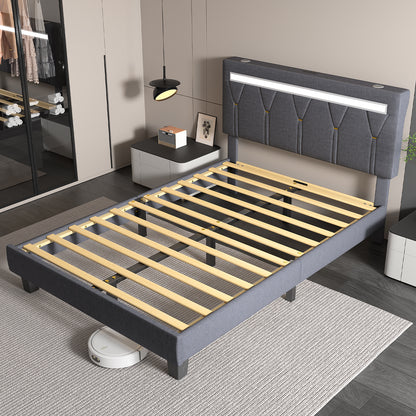 E-motie Upholstered Bed Frame with Adjustable Headboard, LED Platform Bed with Bluetooth Speakers,Charging Station