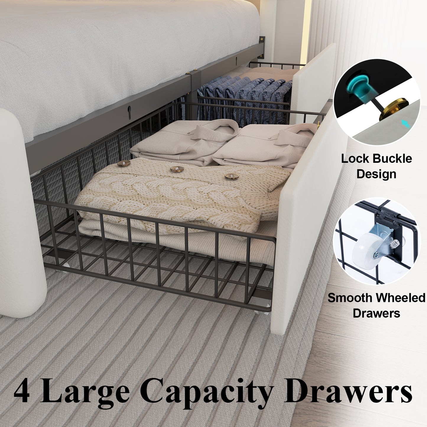 Upholstered Bed Frame with Adjustable Headboard, Upholstered Platform LED Lights Bed Frame with Charging Station