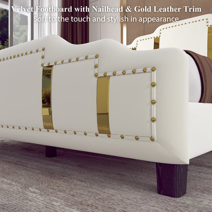 Velvet Upholstered Bed frame, Golden Metal Riveted and Sequined Headboard