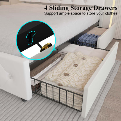 E-motie Bed Frame with Storage Drawers and Led Headboard, Platform Bed Frame Charging Station