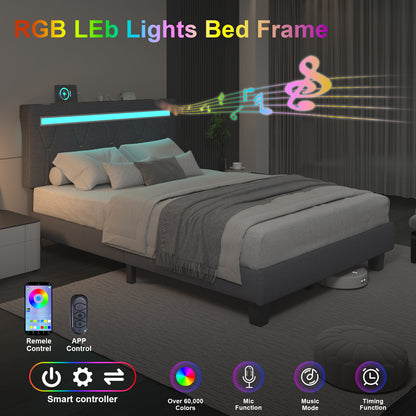 E-motie Upholstered Bed Frame with Adjustable Headboard, LED Platform Bed with Bluetooth Speakers,Charging Station