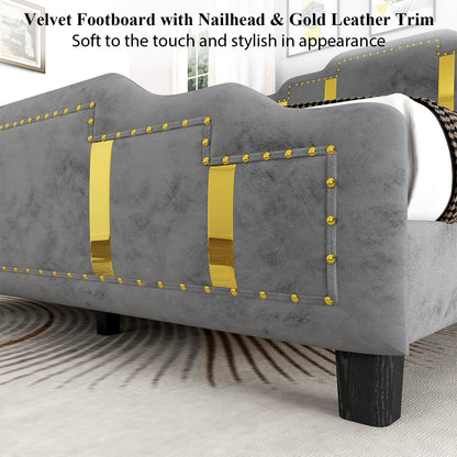 Velvet Upholstered Bed frame, Golden Metal Riveted and Sequined Headboard