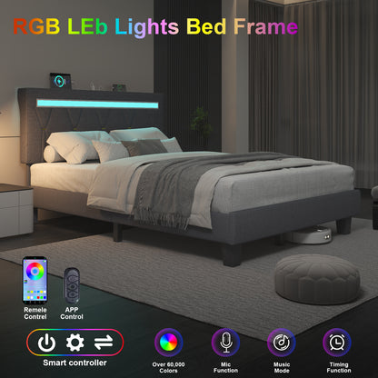 E-motie LED Bed with Charging Station, Platform Bed Frame with Upholstered Button Headboard