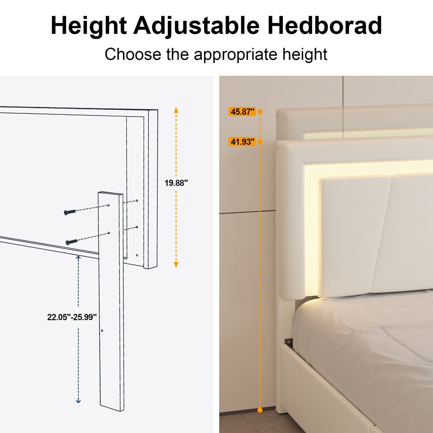 Upholstered Bed Frame with Adjustable Headboard, Upholstered Platform LED Lights Bed Frame with Charging Station